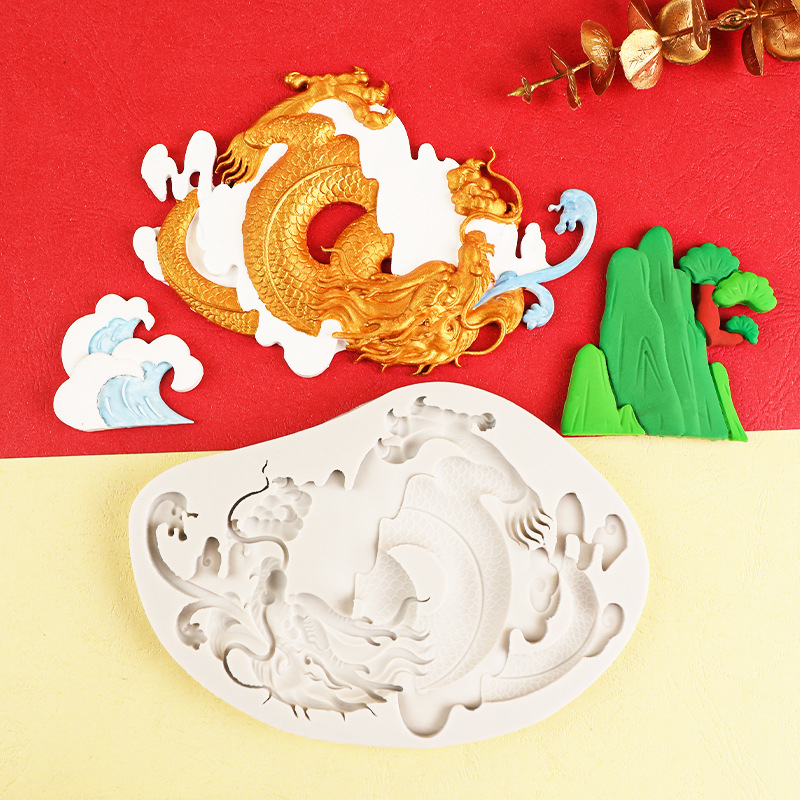 Año Nuevo estilo chino auspicioso dragón spray hornear fondant cake decoración montaña edificio casa chocolate molde de silicona