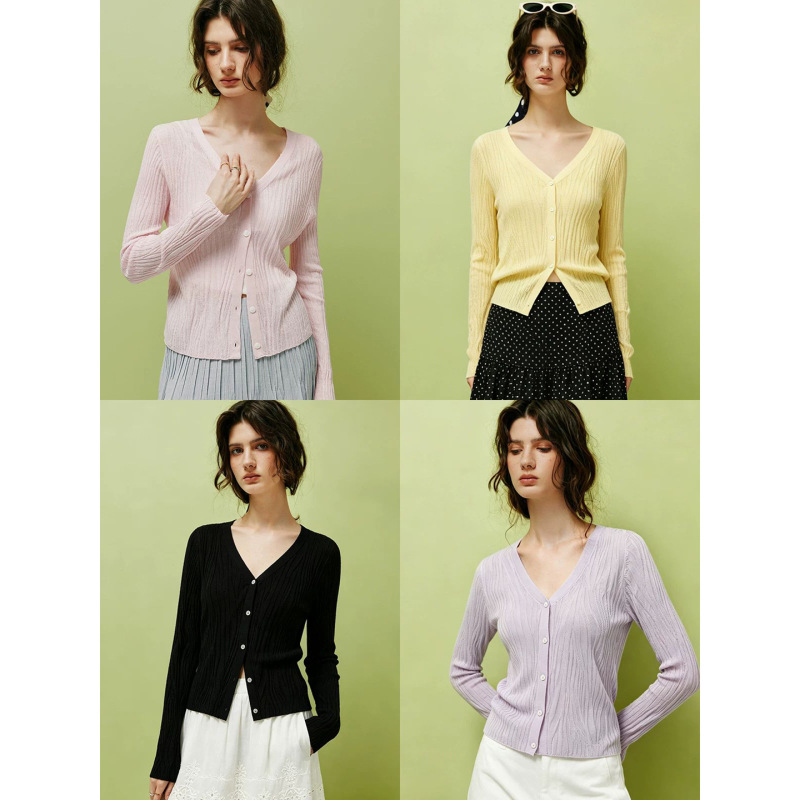 [Summer Color Palette] Women's V-Neck Textured Knit Cardigan with Tencel + Acetate + Linen, Sun Protection Air-Conditioning Shirt