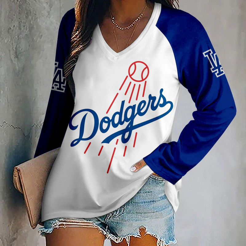 Dodgers Baseball Print Long-Sleeve T-Shirt, Blue and White Color-Blocking, V-Neck Raglan Sleeves, Cross-Border Sports Women's Clothing Wholesale