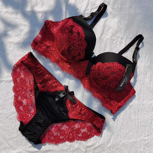 Cross-border sexy lace bra set foreign trade hollow thin briefs underwear set push-up B color matching Amazon