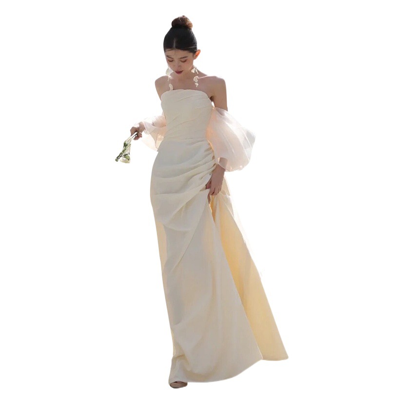 Vestido de novia ligero sin tirantes estilo francés 2025 verano nuevo estilo bosque, satén, corte sirena, entallado, suministro de fábrica. image 1