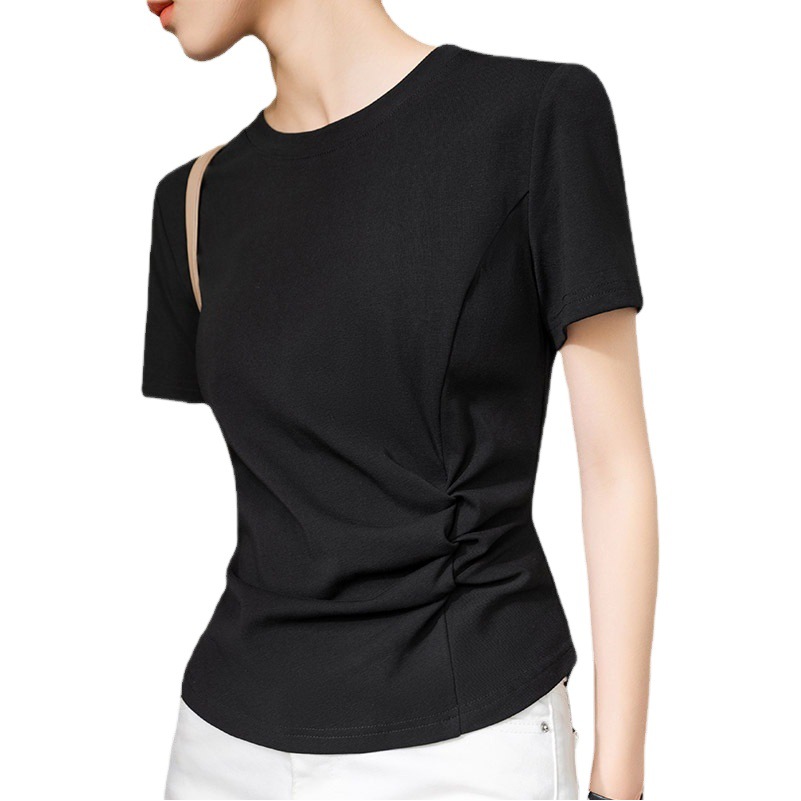 Camiseta de manga corta para mujer verano 2023 nuevo hombro de cuello redondo Mujer color sólido diseño Camiseta de algodón plisado cintura superior
