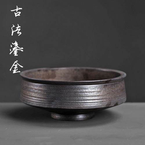 Tall stone pottery large tea wash Kungfu tea set pen wash ceramic accessories tea ceremony spare parts water basin washable bronze gilt