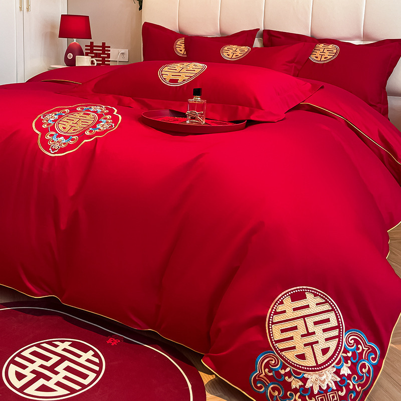 中式刺绣婚庆四件套大红色床单被套纯棉陪嫁结婚床品|undefined