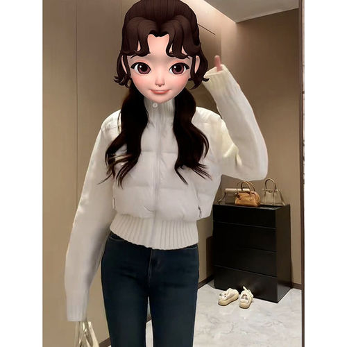 Korean-style designer knitted patchwork cotton-padded coat, women's autumn/winter new arrival stand-collar loose short top.
