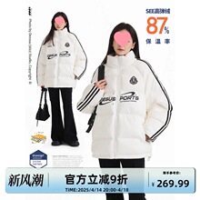 DESSUU 2024年冬季三条杠百搭面包服女印花立领宽松PU皮加厚棉服