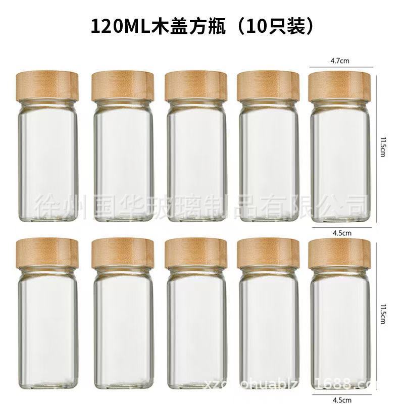 Tarro de condimento cuadrado transfronterizo 40z botella de polvo de pimienta porosa botella de condimento de vidrio de 120ml 12 piezas botella de condimento de bambú y madera