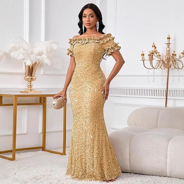 2026 European and American Cross-Border Sequined Evening Dress, Off-Shoulder Lace Ruched Short-Sleeve Long Slim-Fit Dress, Elegant Evening Gown 2026 European and American Cross-Border Sequined Evening Dress, Off-Shoulder Lace Ruched Short-Sleeve Long Slim-Fit Dress, Elegant Evening Gown