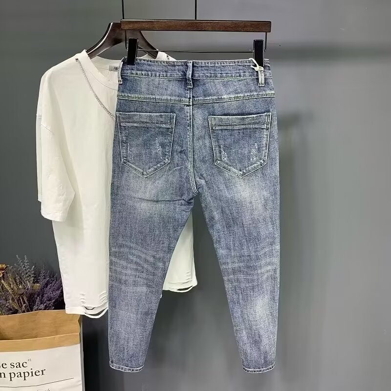 Men's Slim Fit Cropped Jeans Distressed Elastic Stretch Denim_voghion.com