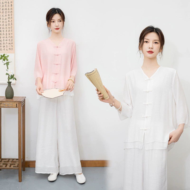 2024 Летний новый ретро национальный стиль хлопка льна дзен йога костюм чай костюм для упражнений кардиган женский набор из двух частей