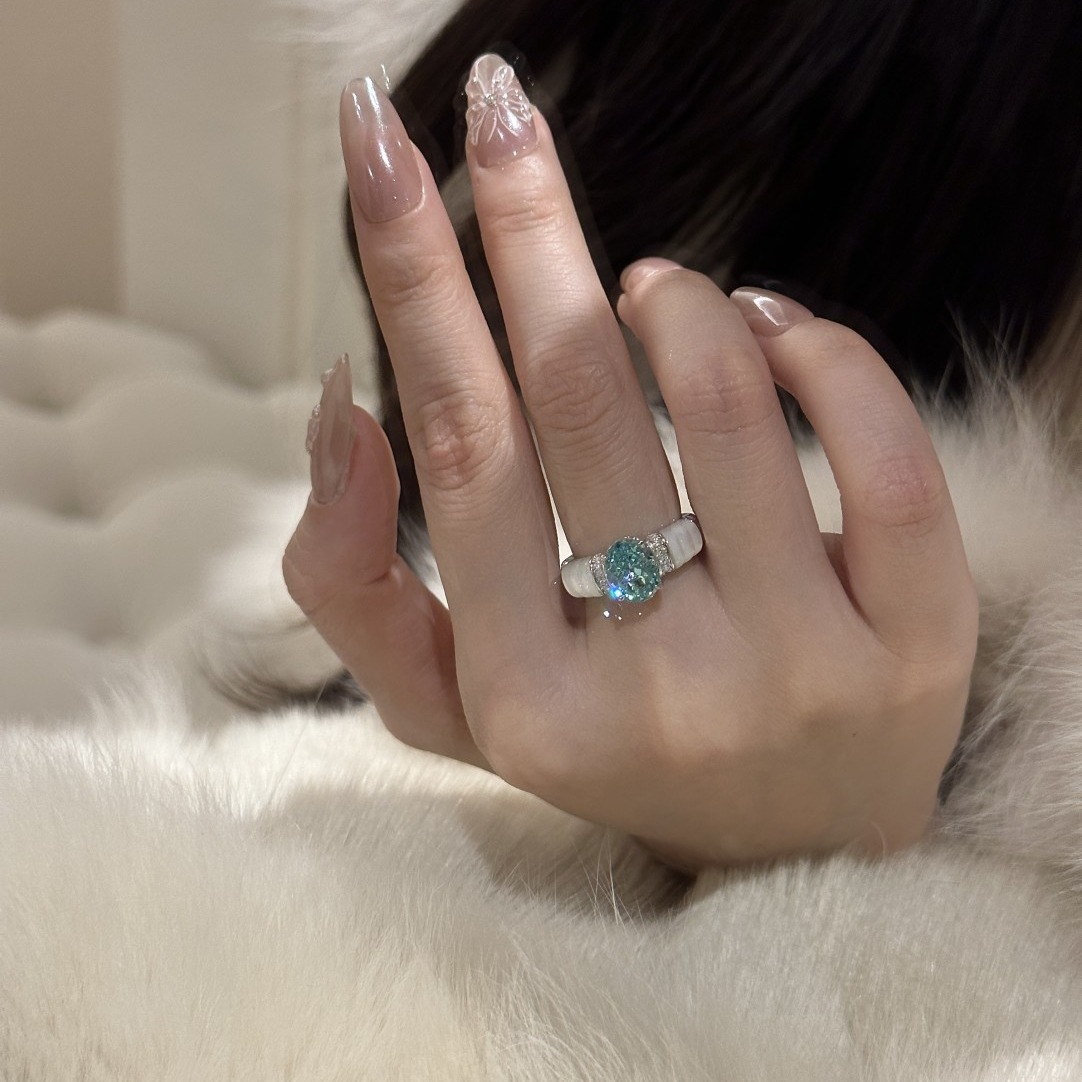 Bague en or véritable plaqué argent pur Paraiba White Beimu Full Body S avec diamants à extrémité fermée en direct en exclusivité_voghion.com