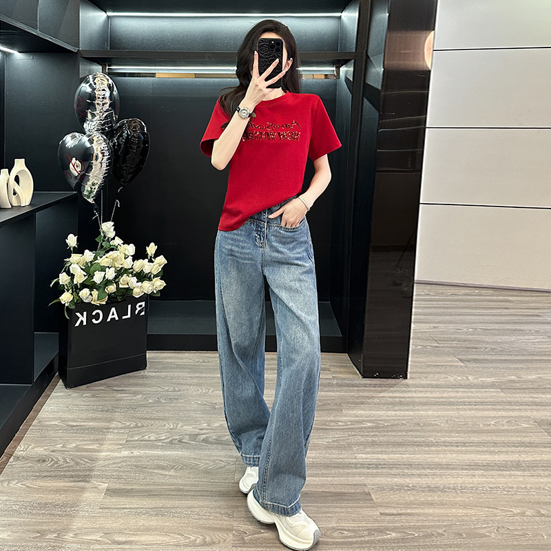 2026 Summer New Short-Sleeve T-Shirt for Women, Korean Style Round Neck Heavy Letter Print Top, High-Waisted Straight-Leg Jeans Set