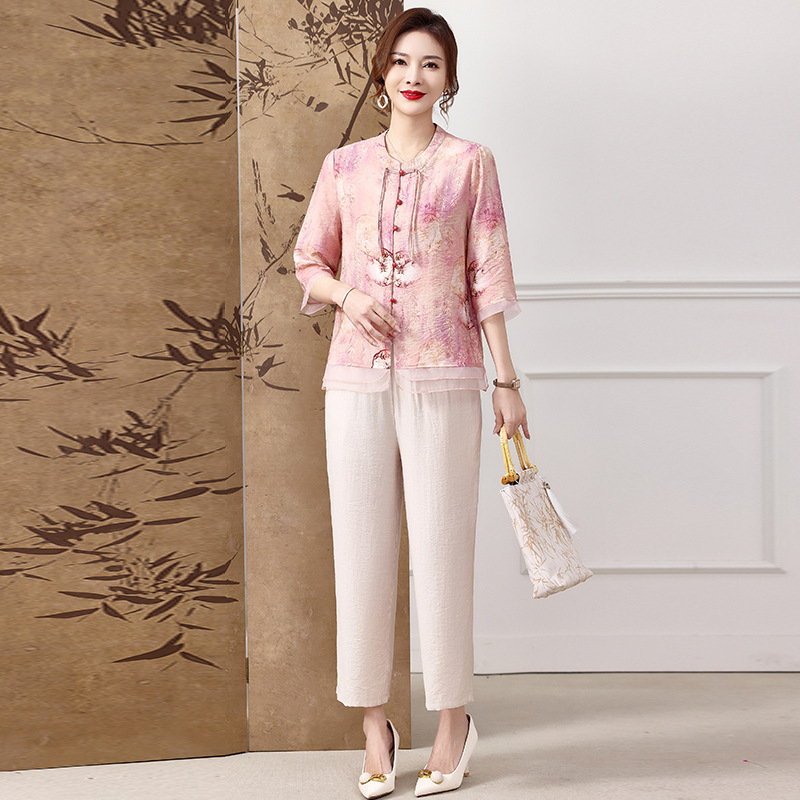Mom's Fashionable Short-sleeved Printed Summer Suit 2024 Top Western Style Summer New Two-piece Set for Middle-aged and Elderly