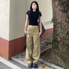 アメリカンレトロカーキパッチワークジーンズ女性用2025新しいルーズスリムストレートワイドレッグドレープフロアモップパンツ