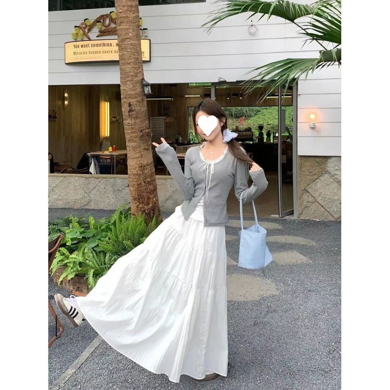 韩系纯欲bm风假两件长袖T恤打底衫女秋冬感拼接蕾丝短款上衣