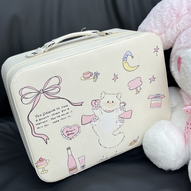 Caja de maquillaje de cachorro de corazón de niña con impresión linda original, bolsa de maquillaje portátil de gran capacidad con espejo, caja de almacenamiento portátil
