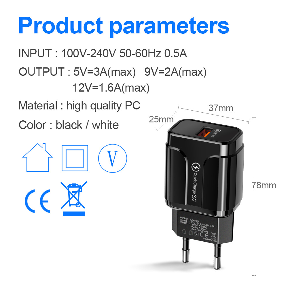 Cargador qc 3.0 carga rápida usb negro estándar europeo cabezal de carga 3.0 cargador rápido 18w cabezal de carga flash