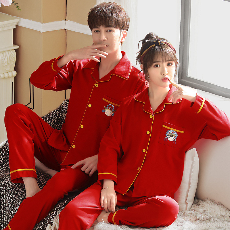 (2개) 새로운 스타일 웨딩 커플 파자마 신혼복 봄과 가을 스타일 밝은 빨간색 조디악 년 남성과 여성 가을과 겨울 스타일 홈 의류