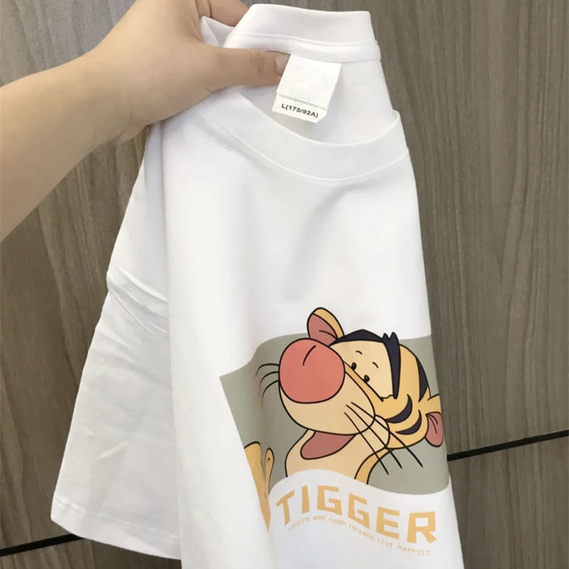 Hielo de seda camiseta de moda suelta de dibujos animados Tigre impreso manga corta Camiseta cuello redondo Mujer verano moda todo partido fresco camiseta Mujer