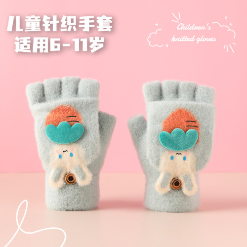Knitted warm children's gloves with yarn cover, half-finger, full-fleece, thickened, cute cartoon style, for middle school students
