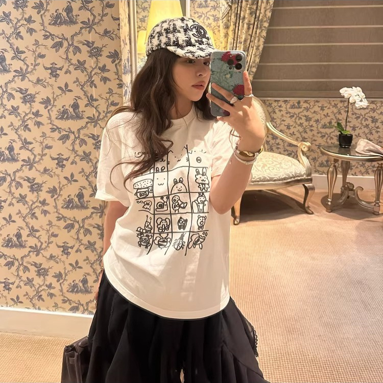 American Retro Cartoon Pure Cotton Short-Sleeved T-Shirt for Women, Loose Large Size Design, Cute Style, Sweet and Cool Half-Sleeved Top
