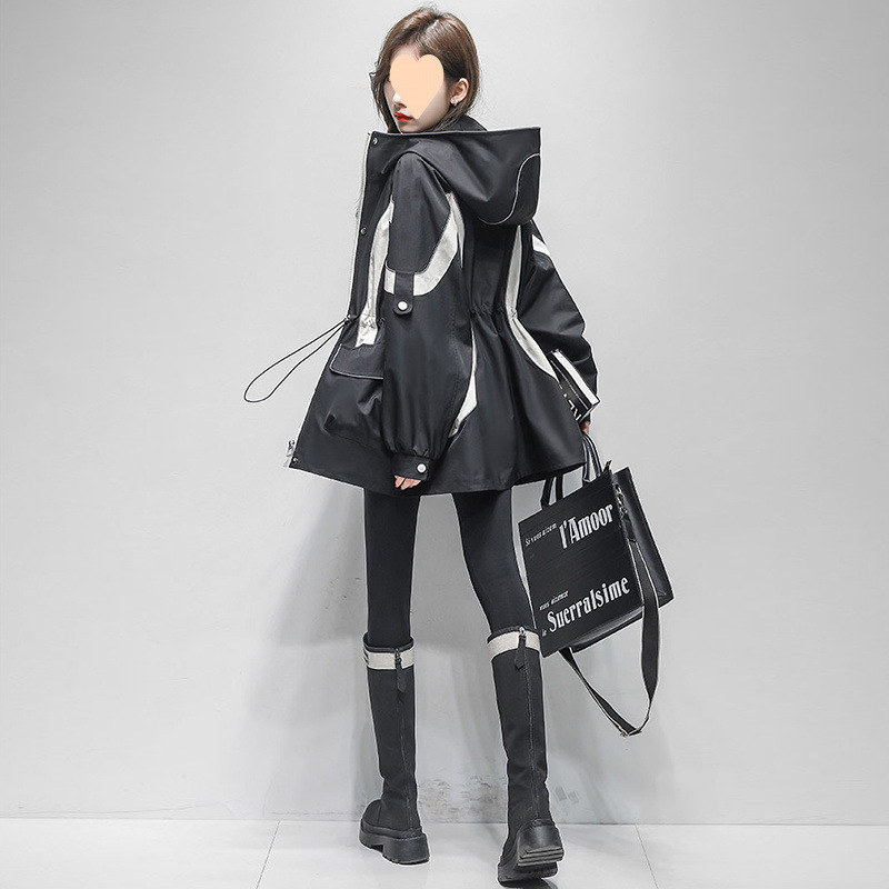 时尚撞色冲锋衣外套女2025春秋季新款收腰显瘦中长款休闲连帽风衣|undefined
