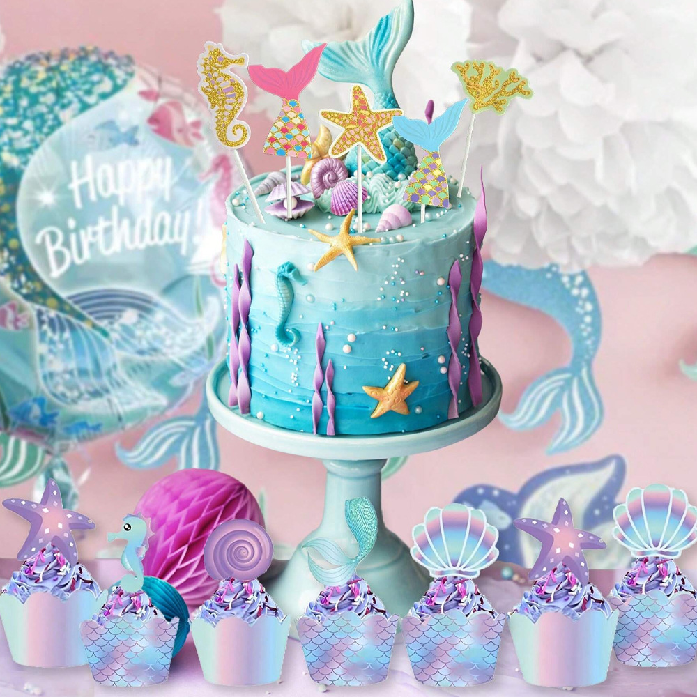 Cartoon Mermaid Undersea Animal Theme Cake Small Insert Edge Holiday Party Cake Decorative Supplies