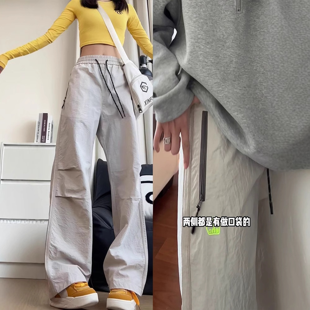 American-style Contrast Color Zipper Pleated Paratrooper Crane Pants Men's and Women's Spring and Summer Sports Quick-drying Casual Charge Pants