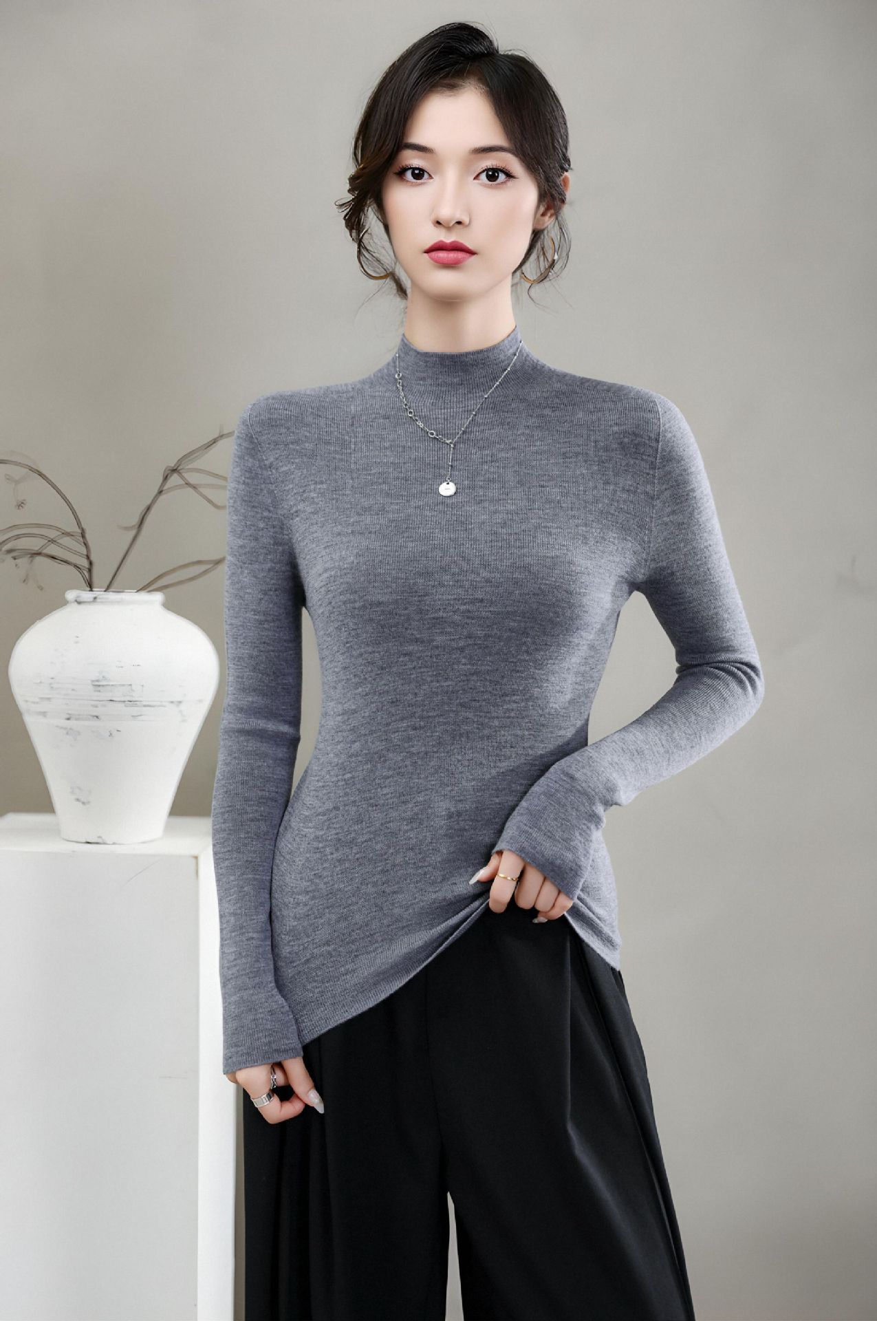 揚子糸ワンピース成形シームレスウールセーター女性のセータースリムハーフタートルネック 100% ウールニットボトリングシャツ