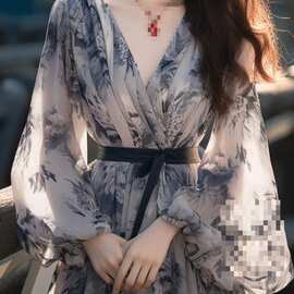 潮牌气质V领连衣裙女2026春春新款女装减龄显瘦收腰系带长裙