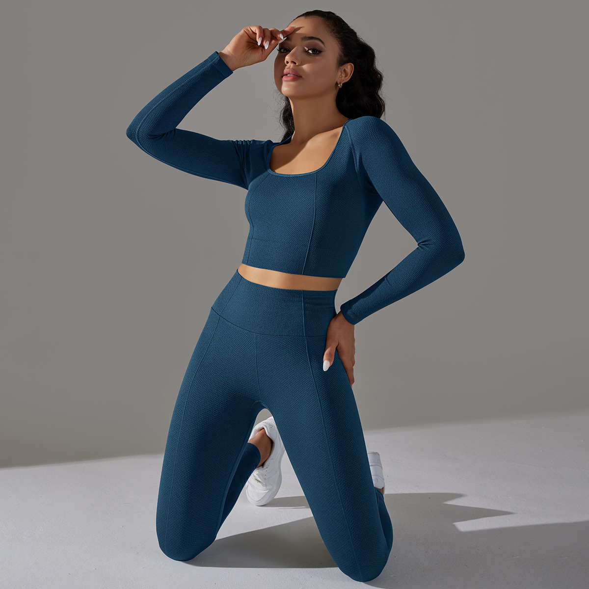 Women's Jacquard Yoga Dress Long Sleeve Suit High Waist Hip Tights Fitness Sportswear_voghion.com