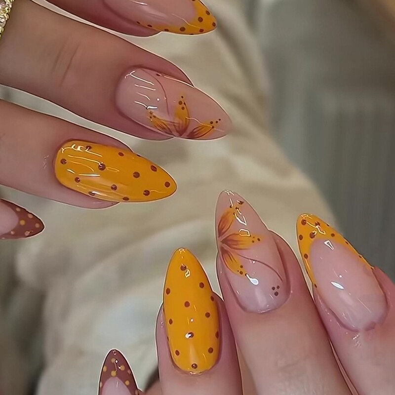 Orange and yellow polka dot floral almond-shaped press-on nails, hand-painted French oil painting style orange and yellow nail tips, detachable finished fake nails Orange and yellow polka dot floral almond-shaped press-on nails, hand-painted French oil painting style orange and yellow nail tips, detachable finished fake nails