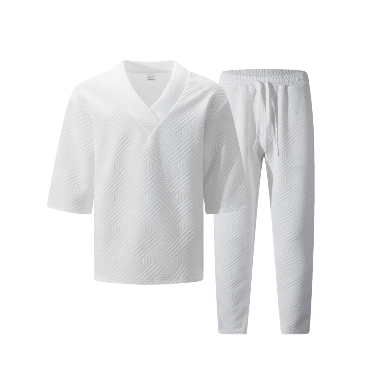 Men's Clothing Casual Short Sleeve V Neck Solid Color Jacquard Set American Style Summer Wear_viptrois.com