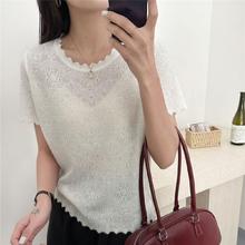 立体花纹显瘦短袖镂空针织衫女薄夏季新款纯色波浪纹别致独特T恤