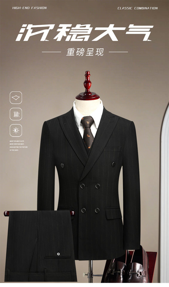 Bộ vest nam ba mảnh ve nhọn cài khuy đôi dáng ôm — Sọc đen quý ông (áo + quần), Sọc đen quý ông (áo + vest + quần) chi tiết 1