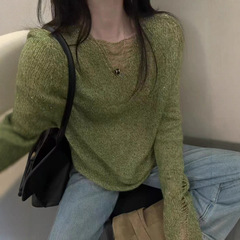 2025秋季针织衫女镂空丝羊绒羊毛慵懒风亮丝百搭时尚长袖纯色毛衣