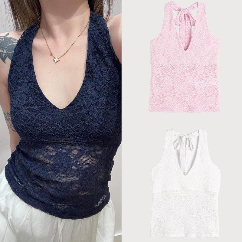 Small Seagull Summer 2025 Women's Lace-up Lace Sexy Design V-neck Backless Inner Hanging Neck Lined Vest for Women