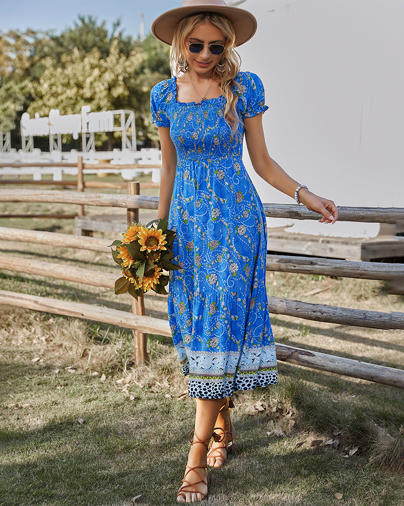 summer blue floral print square neck long casual dress  NSKA121418