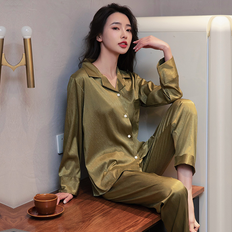Pajamas Women's Spring and Autumn Summer Ice Silk High-end Internet Celebrant Herringbone Pattern Simple Long-sleeved Trousers Large Size Home Clothes Suit