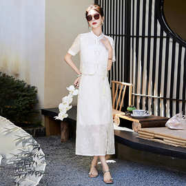 国风复古盘扣短袖套装女夏季新款显瘦半身裙两件套 RX9110