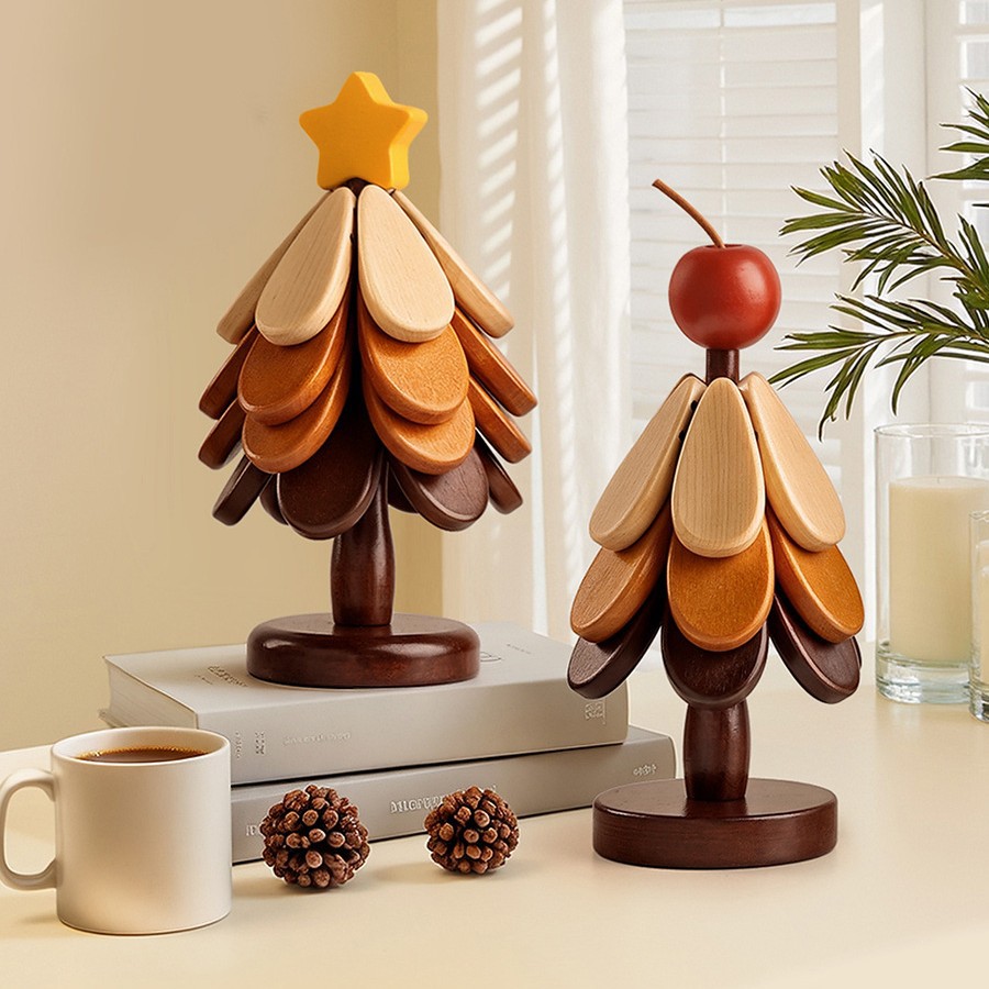 Christmas Tree Heat Insulation Mat, High-End Table Decoration, Creative Solid Wood Anti-Scalding Pot Holder, Foldable Coaster, Bowl