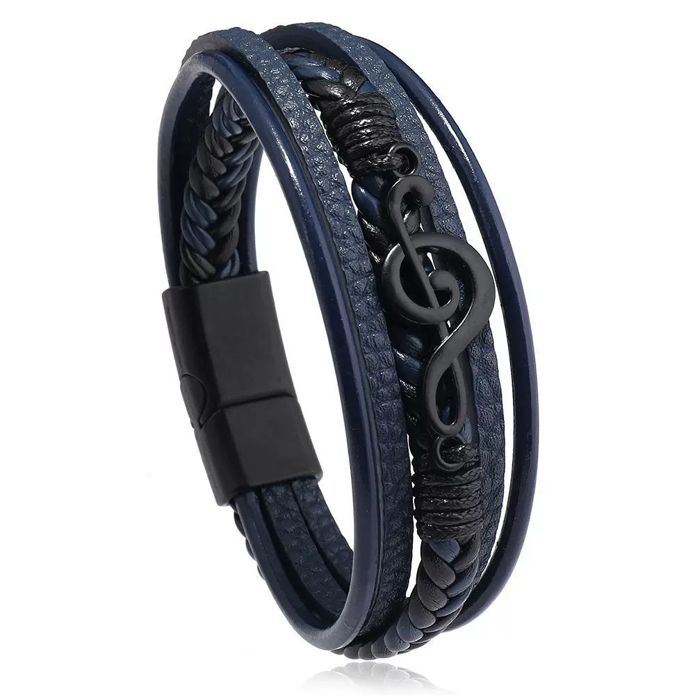 Men's PU Leather Bracelet RH360, Multi-Layer Beaded & Alloy Accents, 21.5 cm