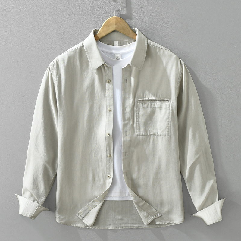 9573 Japanese-style skin-friendly Lyocell long-sleeve shirt for men, versatile, artistic, casual, loose-fitting top, available for wholesale