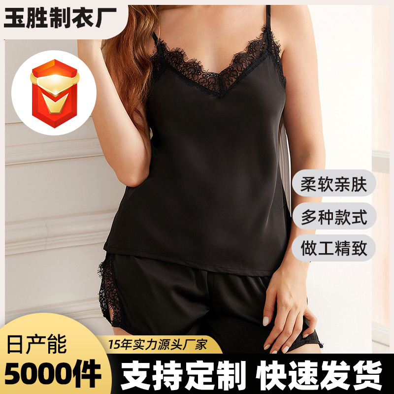 Cross-border Wearing Silk-like Sexy Pajamas Women's Stitching Lace Temptation Home Sling Nightgown Shorts suit