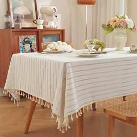 乐轩秀条纹餐厅桌布ins风镂空流苏长方形桌布白橙绿黑日式氛围感