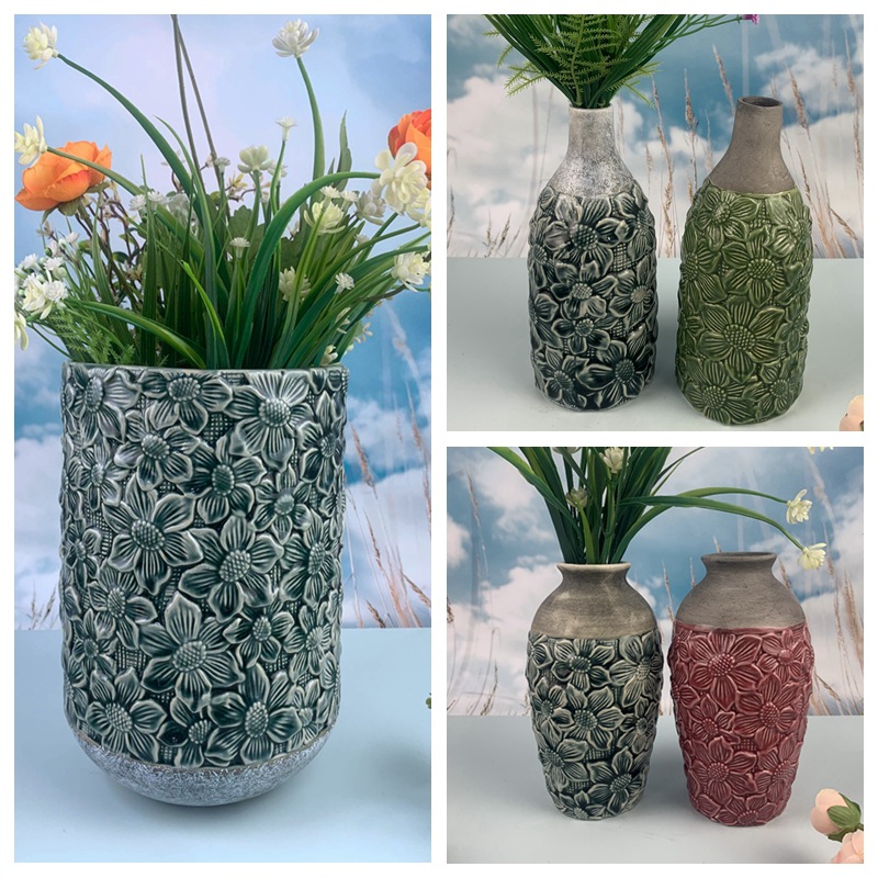 Palace European Ceramic Jarrón Vintage Jarrón Azul Arreglo floral Adornos decorativos Florero en relieve pintado a mano Florero