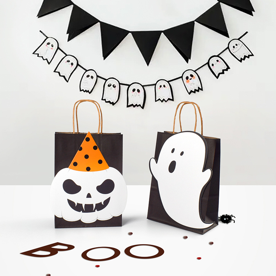 搞怪万圣节diy卡通幽灵卡片手提袋现货黑白小号糖果手提袋10个/包