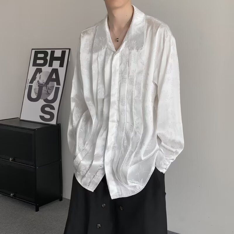 New Chinese Men's Satin Jacquard Shirt Long Sleeve Summer Collar Chinese Tunic Suit Tang Suit Chinese Style High-end Top