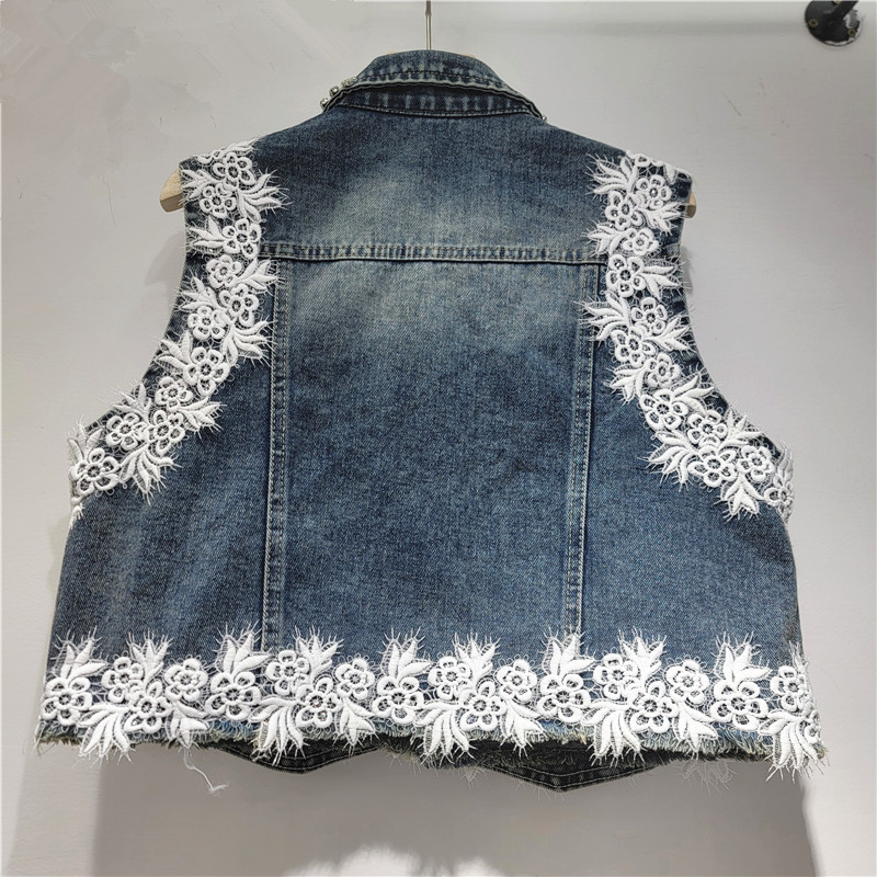 Europa y América de moda industria pesada diamantes tridimensionales chaqueta de vaquero de flores de lujo ligero chaleco sin mangas de alta calidad image 2