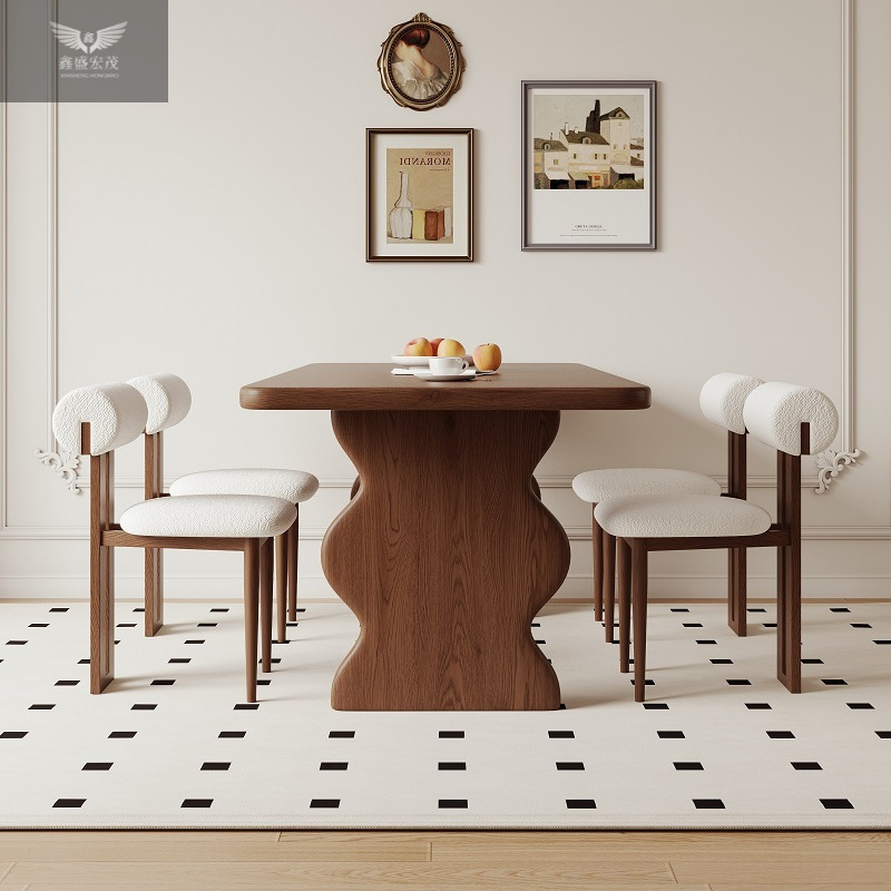 Madera de cera blanca estilo francés retro silla de comedor de madera maciza mesa de comedor casera ondulación rectangular diseñador de pequeña mesa de comedor